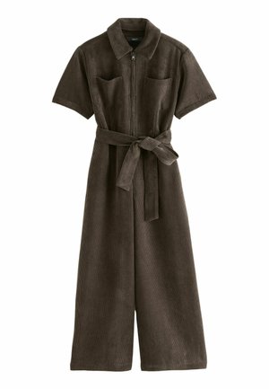 Brown corduroy jumpsuit with short sleeves, zip front, two chest pockets, and a tied waist belt. Features wide legs and a textured fabric.