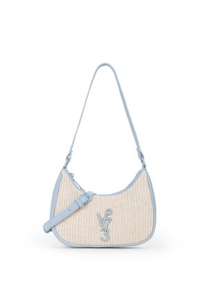 Borsa a tracolla beige intrecciata con bordatura azzurra, tracolla regolabile e logo "V 73" in rilievo sul davanti.