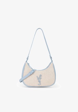 Beige geweven schoudertas met lichtblauwe bies, verstelbare band en verhoogd "V 73" logo aan de voorkant.