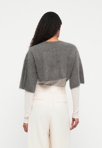 Suéter cinza, cropped, com mangas curtas, feito de um material suave e fofinho, sobre uma blusa de manga longa bege clara e combinado com calças creme.