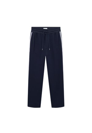 Tamsiai mėlyni sportiniai džinsai, pagaminti iš minkštos medžiagos, su raištelių juosmeniu, šoninėmis juostomis ir logotipo siuvinėjimu. Tiesaus kirpimo dizainas.