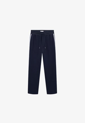 Tumedate sinised spordipüksid, mis on valmistatud pehmest kangast. Omavad nöörivööd, külgmisi triibusid ja logot embroidery. Otse sääre disain.