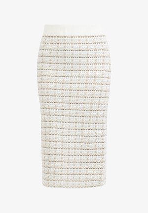 Knit pencil skirt in white with textured surface and horizontal beige stripes. Features a high waistband for a fitted silhouette.
