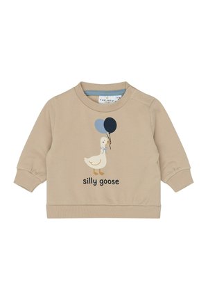 Beżowa koszulka niemowlęca z długim rękawem z gęsią trzymającą dwa balony i napisem "silly goose" z przodu.