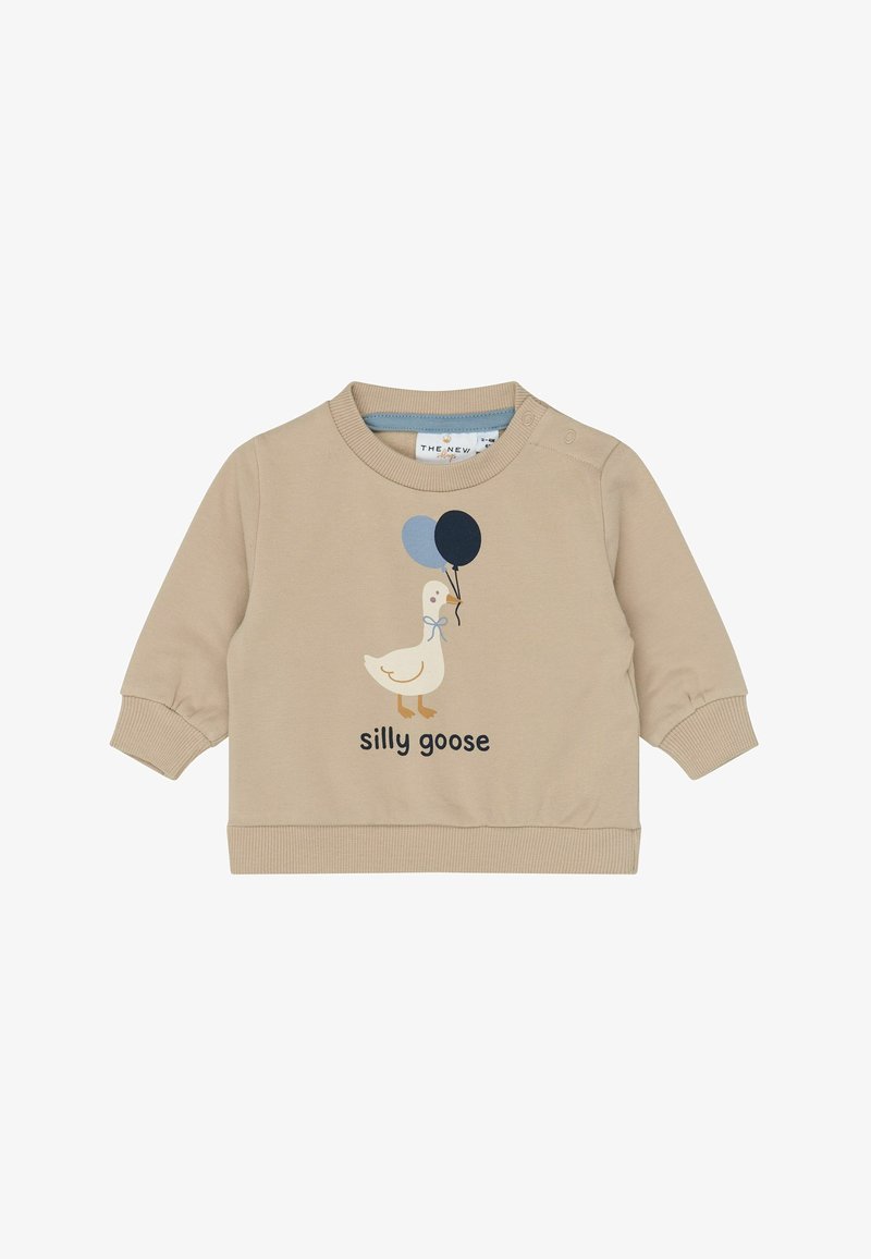 T-shirt beige à manches longues pour bébé avec une oie tenant deux ballons et le texte "silly goose" à l'avant.