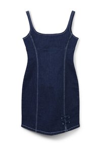 Robe en denim bleu foncé avec des bretelles spaghetti, silhouette ajustée, coutures blanches sur les seams et nœuds décoratifs à l'ourlet.