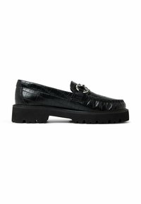 Black loafers made from textured synthetic material, featuring a raised croc pattern, silver hardware detail, and a sturdy, chunky sole.