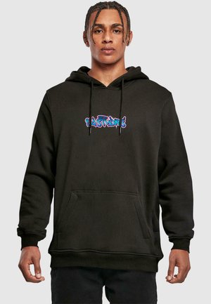 Black hoodie with a front kangaroo pocket, featuring vibrant blue and pink graffiti-style text on the chest. Soft fabric with a drawstring hood.