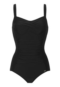 Mustassa yksiosaisessa uimapuvussa on säädettävät hihnat, rypytetty rakenne edessä ja kiinteät sivut. Siinä on huomaamaton logotehoste lantiolla.