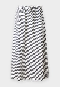 Elastisk midjebånd skjørt i hvitt med marineblå diagonale striper; lett stoff, A-formet fasong, med en knytedetalj i midjen.