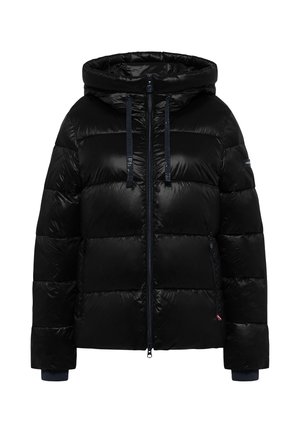 Schwarze Steppjacke mit Kapuze, glänzender Textur, Reißverschluss vorne, elastischen Bündchen und Kordelzügen. Merkmale sind das horizontale Steppmuster.