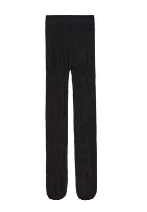 Pantalon noir taille haute, avec une partie supérieure lisse et des jambes droites côtelées, sur fond blanc.