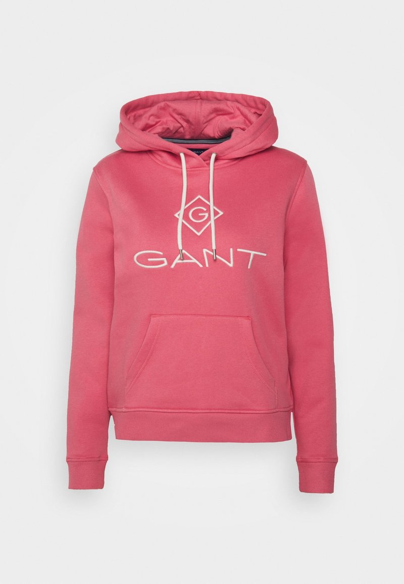 Sweat à capuche rose avec cordons blancs, poche avant et logo ainsi qu'emblème blanc GANT sur la poitrine.