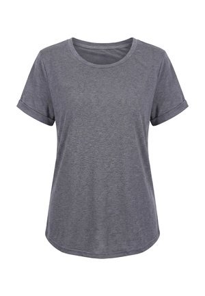 Kortærmet lysegrå meleret T-shirt med rund halsudskæring, op rullede ærmekanter og en let buet bund.