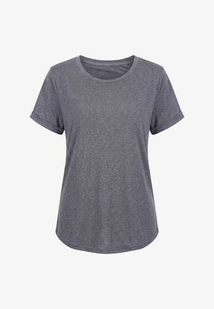 Rövid ujjú, melírozott szürke, kerek nyakú póló felhajtott mandzsettákkal és enyhén ívelt szegéllyel.