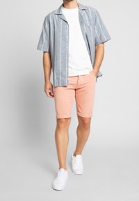 Camisa de cuadros azul de manga corta con rayas blancas, combinada con shorts de mezclilla rosa y zapatillas blancas, de pie sobre un fondo neutral.