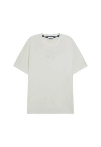 T-shirt bianca a maniche corte realizzata in morbido cotone, con scollatura a girocollo e un piccolo logo al centro. Design minimalista.