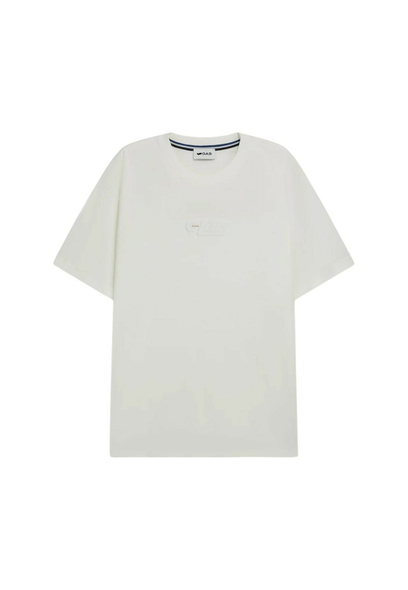 T-shirt bianca a maniche corte realizzata in morbido cotone, con scollatura a girocollo e un piccolo logo al centro. Design minimalista.