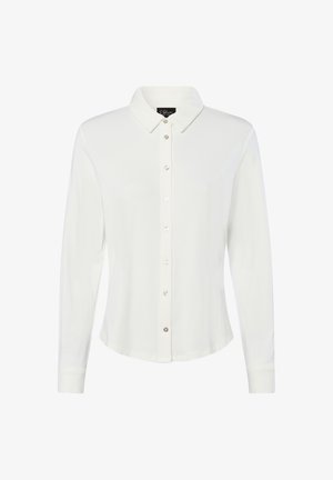 Weißes Langarmhemd mit klassischem Kragen, Knopfleiste und weichem Stoff. Es verfügt über einen abgerundeten Saum und einen dezenten Glanz. Einfaches und vielseitiges Design.