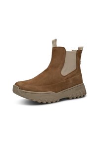 Botas de tobillo de ante marrón con un panel lateral elástico beige y suela de goma texturizada, que presentan un diseño grueso y con relieve para mayor tracción.