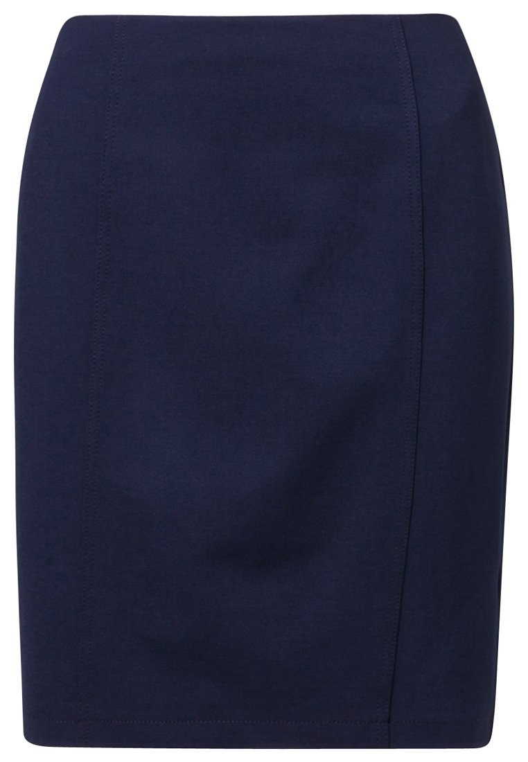 Jupe crayon bleu marine en tissu lisse, avec un design ajusté aux lignes épurées et une taille mi-haute. Pas de motifs ou de matériel visibles.