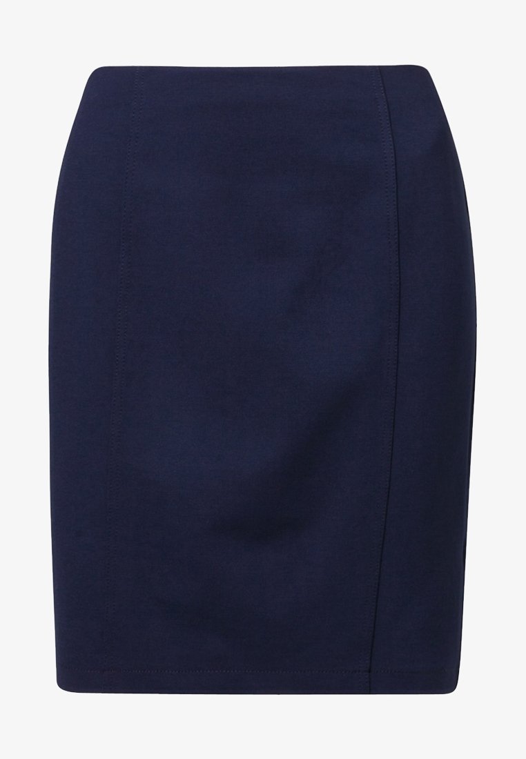 Jupe crayon bleu marine en tissu lisse, avec un design ajusté aux lignes épurées et une taille mi-haute. Pas de motifs ou de matériel visibles.