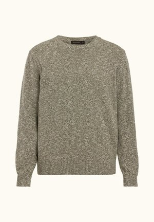 Pitkähihainen, pyöreäkauluksinen neulepaita harmaassa monivärisessä kankaassa, jossa resorit hihansuissa ja helmassa.