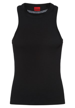 Černý tílko bez rukávů z žebrované bavlny. Má kulatý výstřih a malou červenou štítek vzadu u krku.