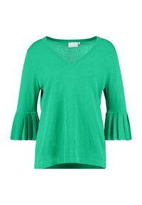 Pull vert à col en V avec manches trois-quarts ornées de plis aux poignets. Confectionné dans un tissu doux et léger avec une coupe décontractée.