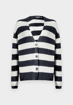 Marineblauwe en witte gestreepte cardigan, gemaakt van zacht materiaal. Beschikt over een diepe V-halslijn, knoopsluiting en lange mouwen.