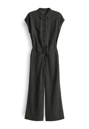 Jumpsuit a fantasia nera e verde con colletto, maniche corte, chiusura frontale a bottoni, vita con coulisse e design a gamba larga.
