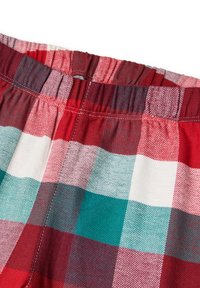 Pantalones de cuadros rojos y azul verdoso con cintura elástica. Presentan un tejido texturizado con patrones cuadrados contrastantes y detalles de costuras limpias.