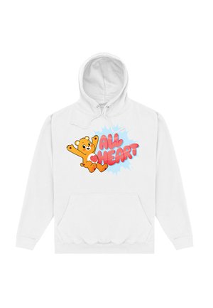 Hvid hættetrøje med et farverigt grafisk design af en tegneserie-bjørn med hævede arme og teksten "ALL HEART" i rød. Frontkængurulomme inkluderet.