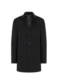 Czarny płaszcz z mieszanki wełny o dopasowanym kroju, z klapami z wycięciem, trzema guzikami i dwoma bocznymi kieszeniami. Gładka tekstura i uporządkowany kształt.