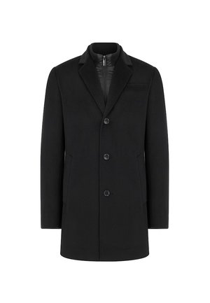 Czarny płaszcz z mieszanki wełny o dopasowanym kroju, z klapami z wycięciem, trzema guzikami i dwoma bocznymi kieszeniami. Gładka tekstura i uporządkowany kształt.