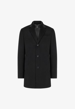 Czarny płaszcz z mieszanki wełny o dopasowanym kroju, z klapami z wycięciem, trzema guzikami i dwoma bocznymi kieszeniami. Gładka tekstura i uporządkowany kształt.