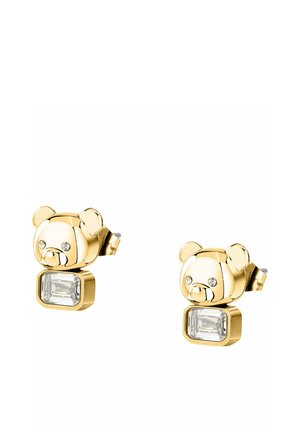 Gold stud earrings shaped like bear heads with small clear stone eyes and a rectangular clear gemstone below each bear face.