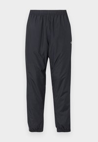 Μαύρο, ελαφρύ, αδιάβροχο παντελόνι τζόκινγκ με ελαστική ζώνη και συγκεντρωμένους μανσέτες; ελάχιστος σχεδιασμός με μικρό λογότυπο.