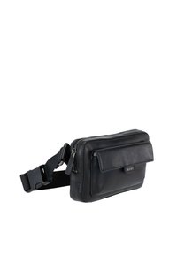 Zwarte leren heuptas met een rechthoekige vorm, voorzien van één met rits afsluitbaar vak, een voorvak met klep en een verstelbare riem.