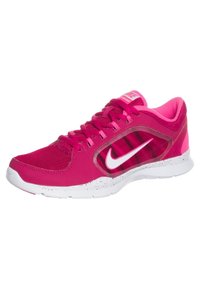 Scarpe da corsa Nike in un vivace rosa con tomaia in mesh, dettagli bianchi e suola bianca maculata. Presentano lacci e un collare imbottito per il comfort.