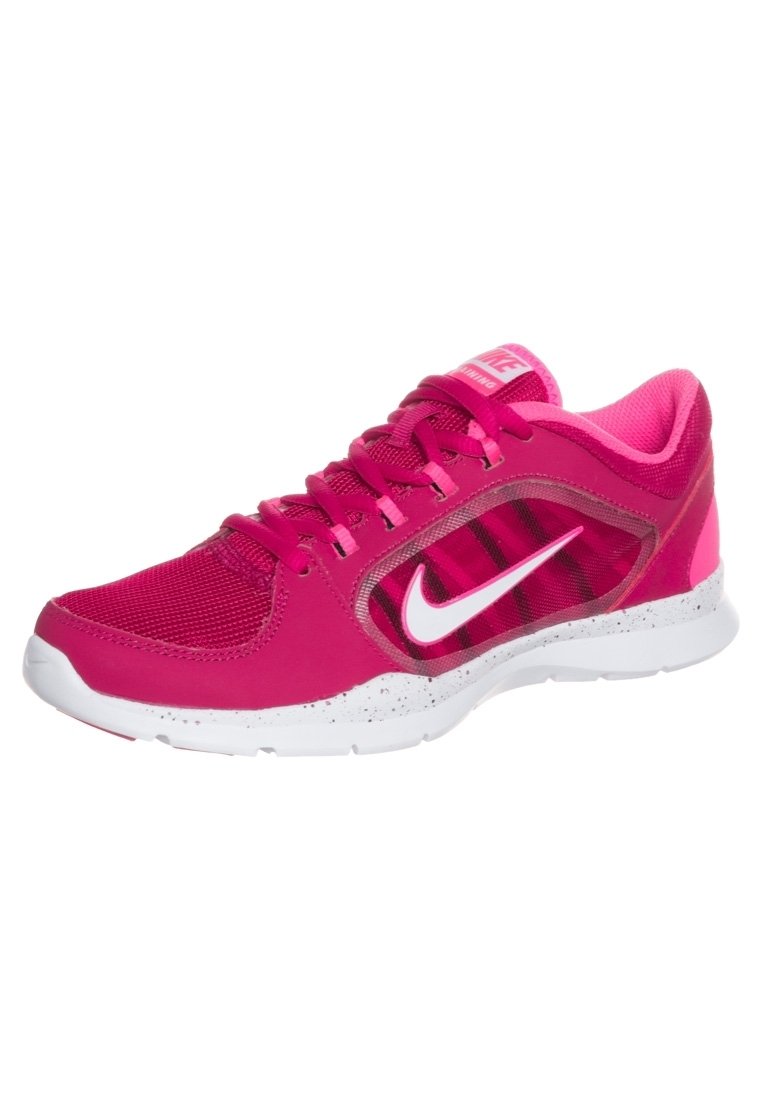 Scarpe da corsa Nike in un vivace rosa con tomaia in mesh, dettagli bianchi e suola bianca maculata. Presentano lacci e un collare imbottito per il comfort.