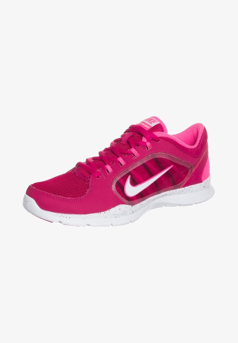 Scarpe da corsa Nike in un vivace rosa con tomaia in mesh, dettagli bianchi e suola bianca maculata. Presentano lacci e un collare imbottito per il comfort.