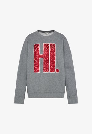 Grauer Pullover mit langen Ärmeln und großem roten Pailletten-Schriftzug "HI." auf der Vorderseite. Gerippte Bündchen und Saum. Weiche Stoffstruktur.
