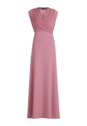 Lungo abito rosa con un corpetto drappeggiato senza maniche e una gonna liscia e fluente. Realizzato in tessuto morbido, presenta un design semplice ed elegante.