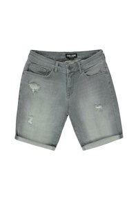 Grijze denim shorts met een relaxed fit, omgeslagen mouwen, verwerkte details en een merklabel op de achterzak.