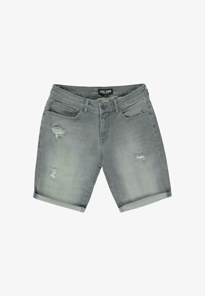 Grijze denim shorts met een relaxed fit, omgeslagen mouwen, verwerkte details en een merklabel op de achterzak.