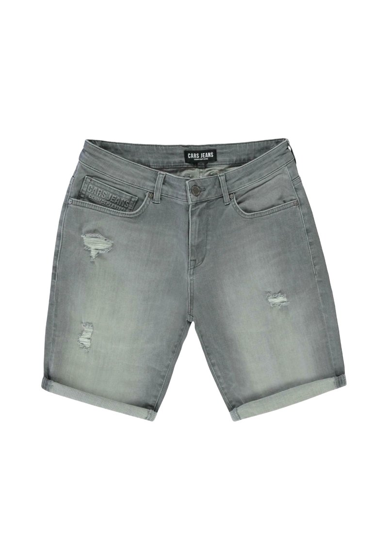 Grijze denim shorts met een relaxed fit, omgeslagen mouwen, verwerkte details en een merklabel op de achterzak.