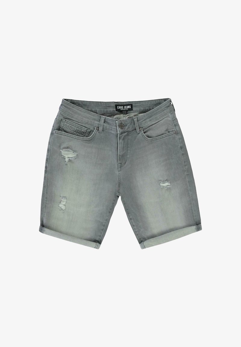 Grijze denim shorts met een relaxed fit, omgeslagen mouwen, verwerkte details en een merklabel op de achterzak.