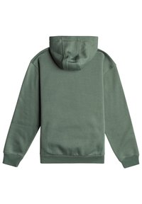 Green hoodie made of soft fabric, featuring a kangaroo pocket, drawstring hood, and ribbed cuffs and hem. Plain design with a relaxed silhouette.