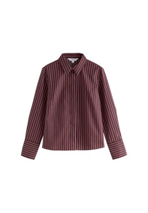 Long-sleeve button-up shirt in maroon with thin white vertical stripes and wide cuffs.